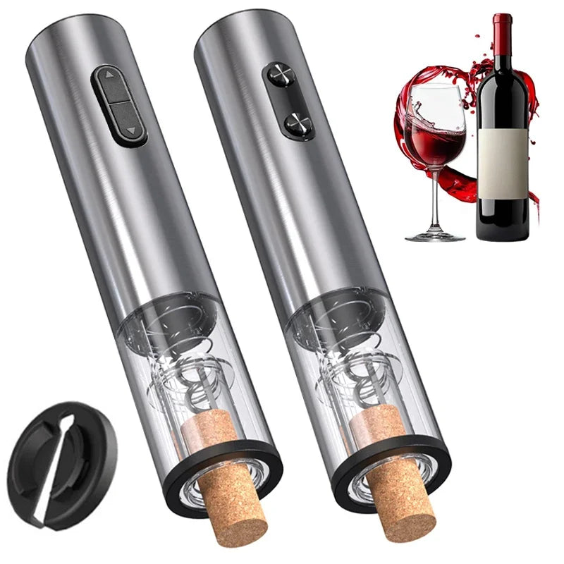 Two electric wine openers with corks and a glass of red wine on a white background