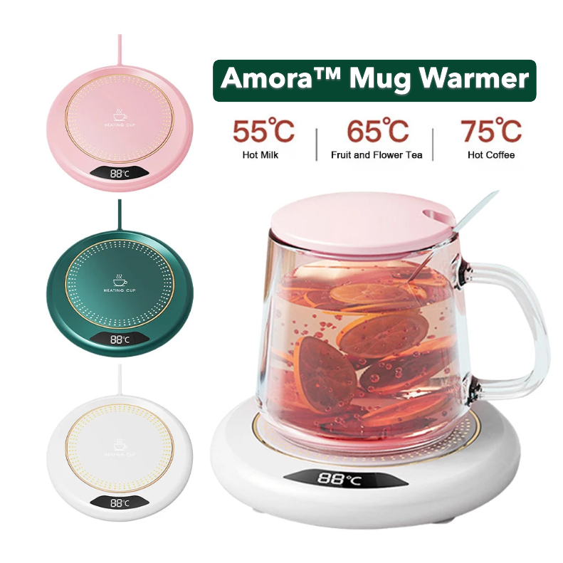 Amora mug warmer with digital display and glass mug containing tea.