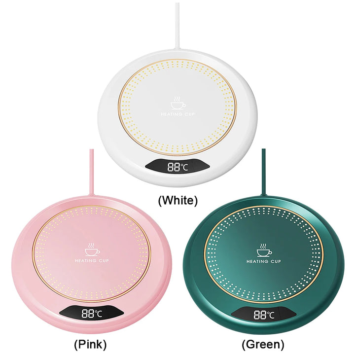 Three round heating pads in white, pink, and green on a white background.