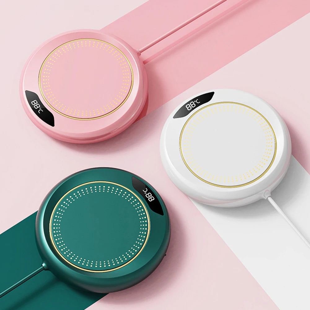 Three round electronic devices with digital displays on a pink and white background