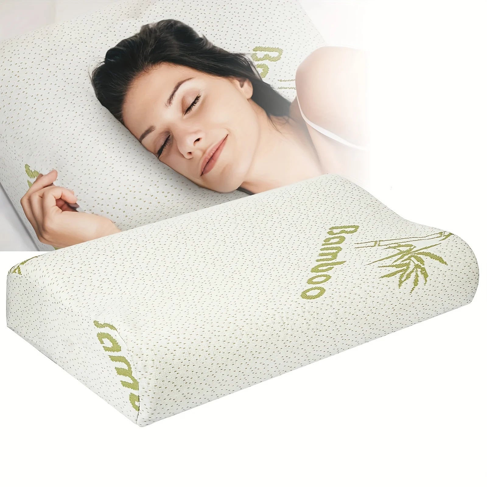 Woman sleeping with a bamboo pillow on a white background
