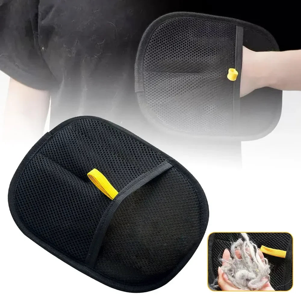 Black mesh cleaning pad with yellow clips on a white background