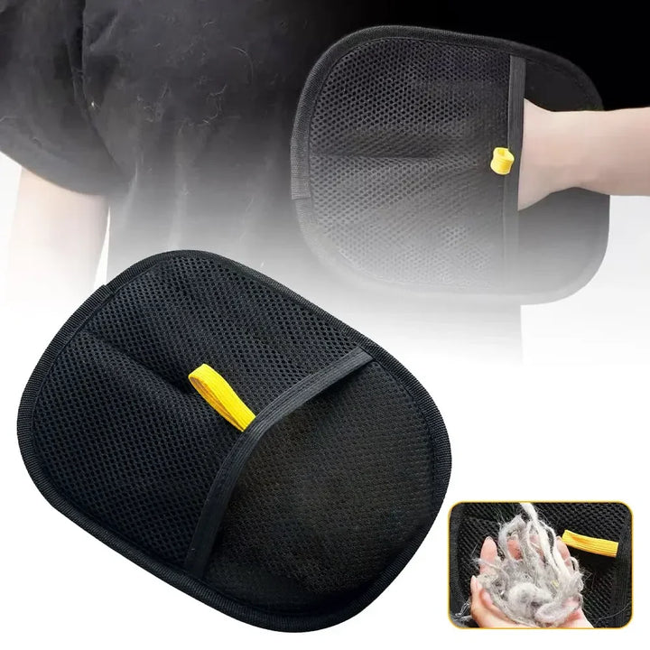 Black mesh cleaning pad with yellow clips on a white background