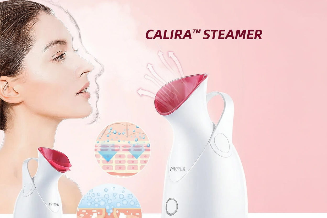 Brelza face steamer with a woman using it and close-up illustrations on a pink background