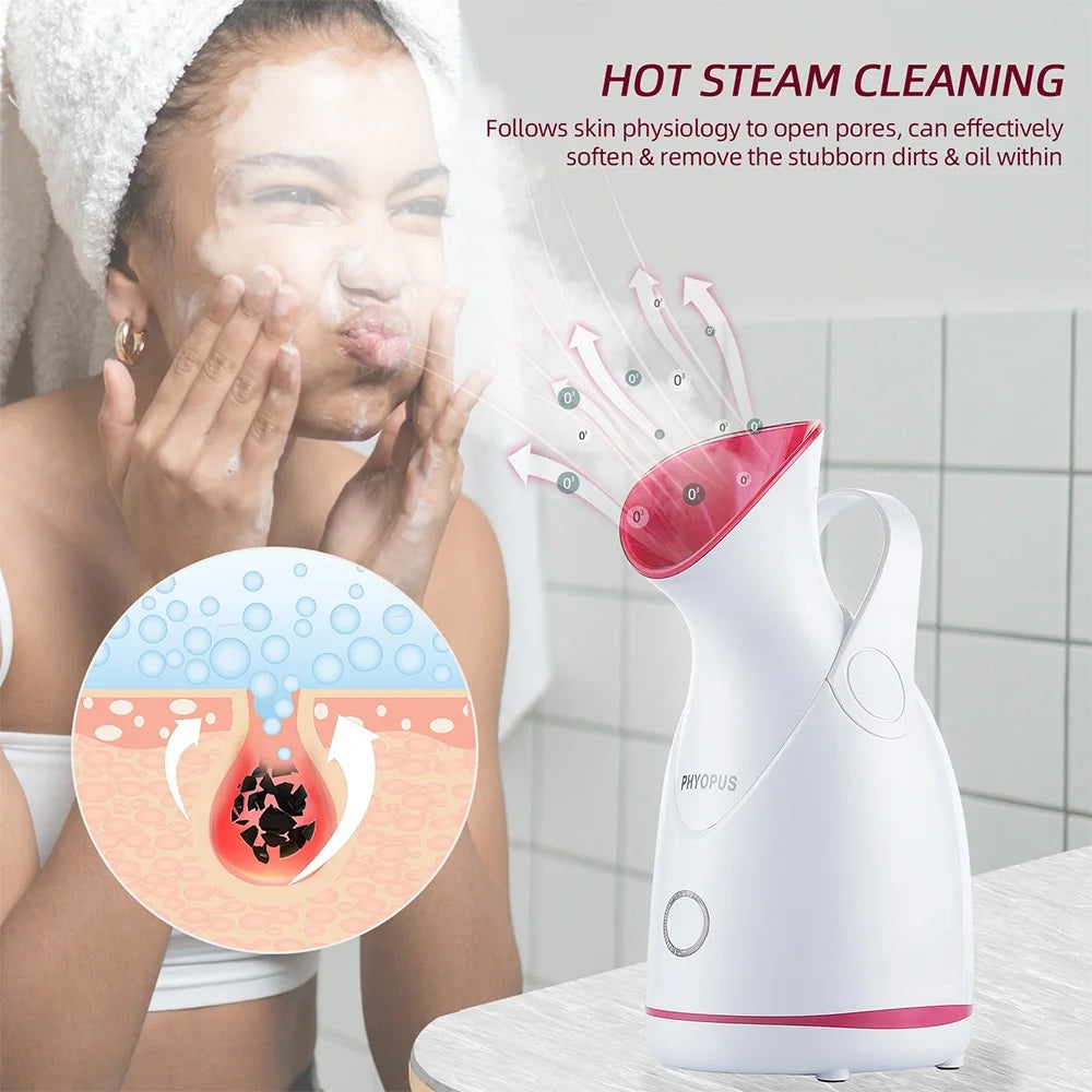 Woman using a hot steam cleaner with an inset showing skin pores being cleaned.