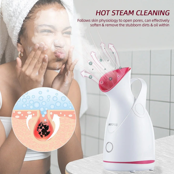 Woman using a hot steam cleaner with an inset showing skin pores being cleaned.