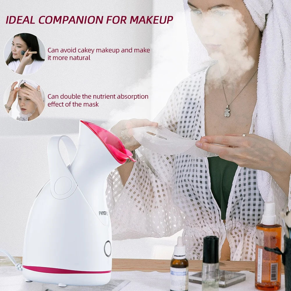 Woman applying a face mask with a steamer and text about its benefits