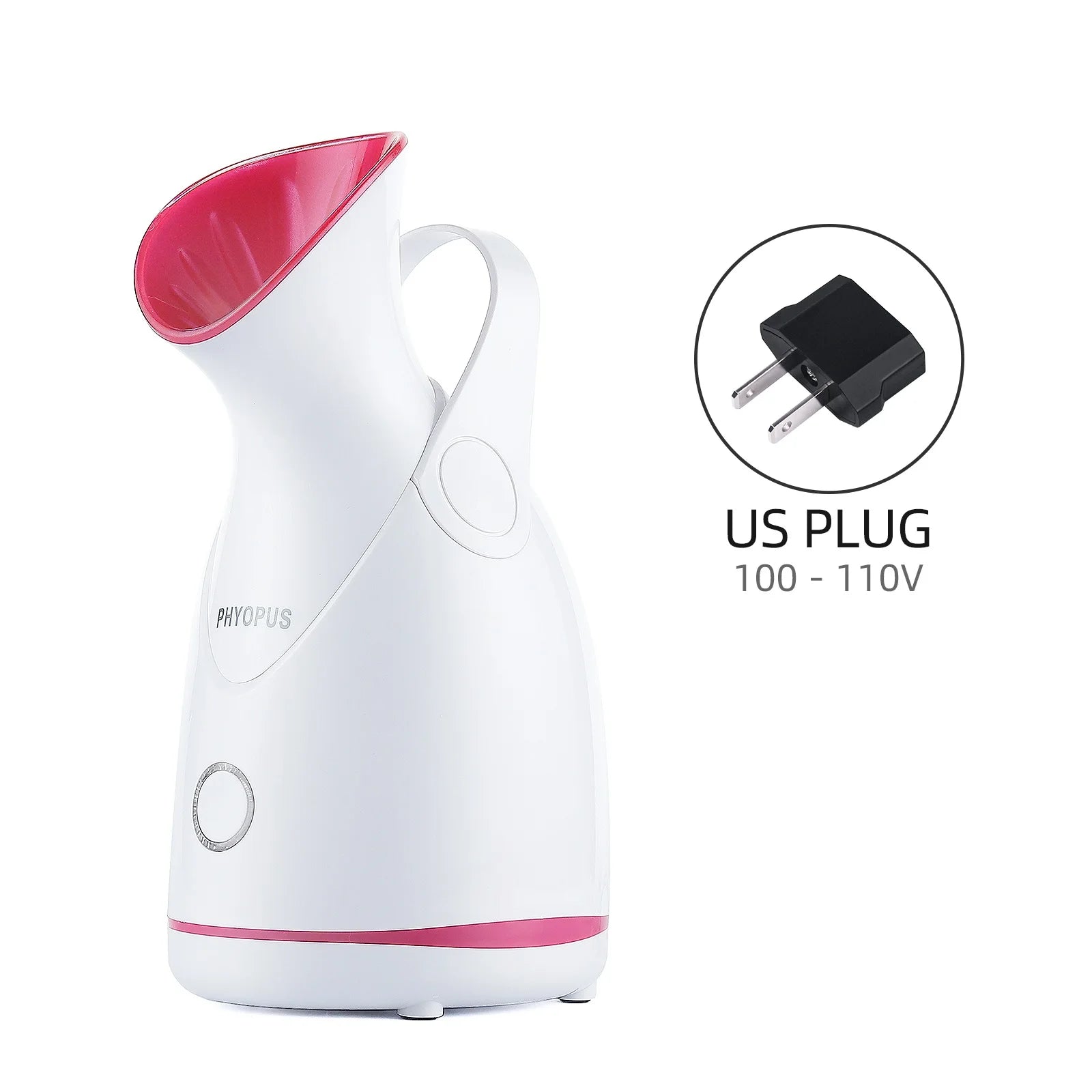 White and pink steamer with a US plug icon and specifications on a white background