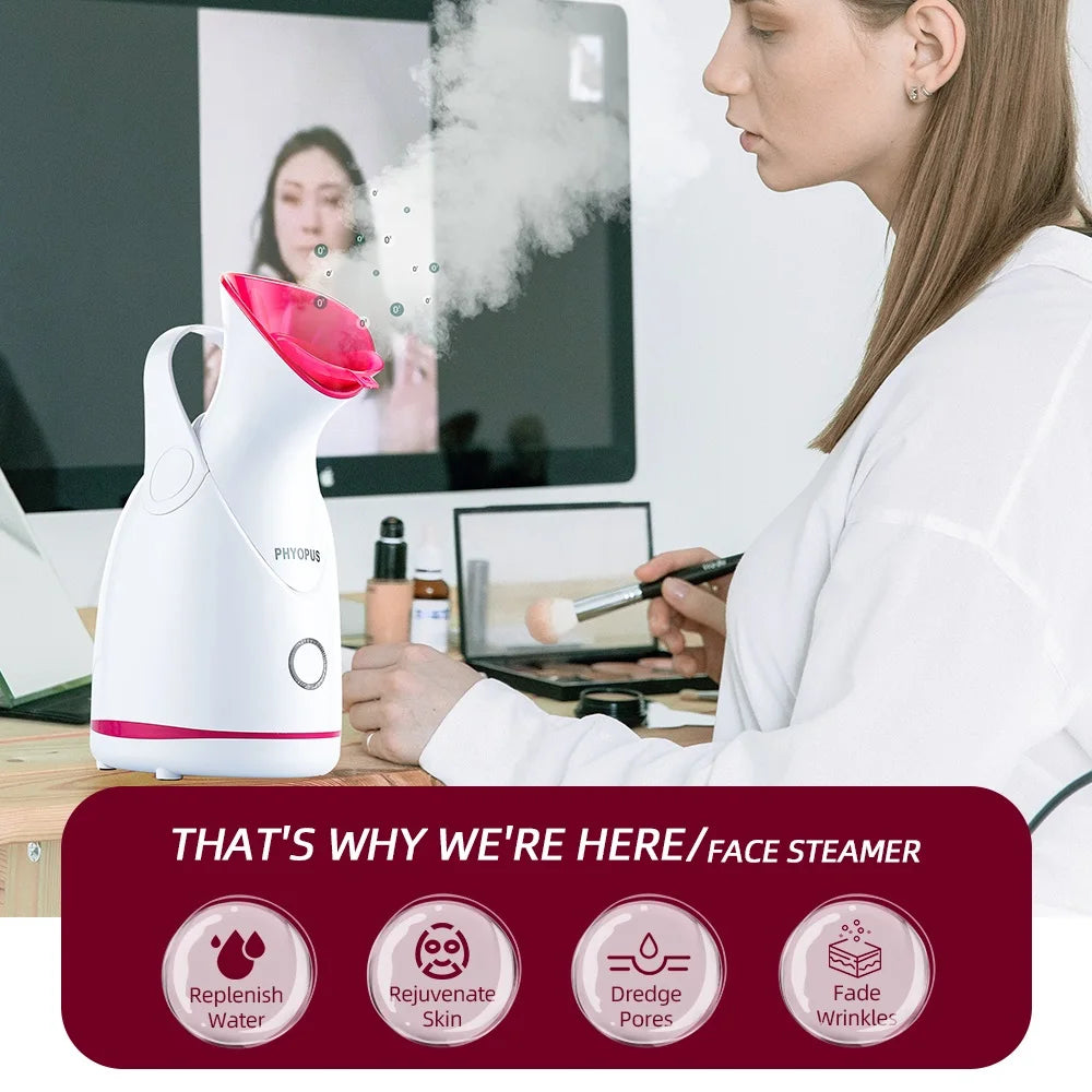 Woman using a face steamer with text highlighting its benefits