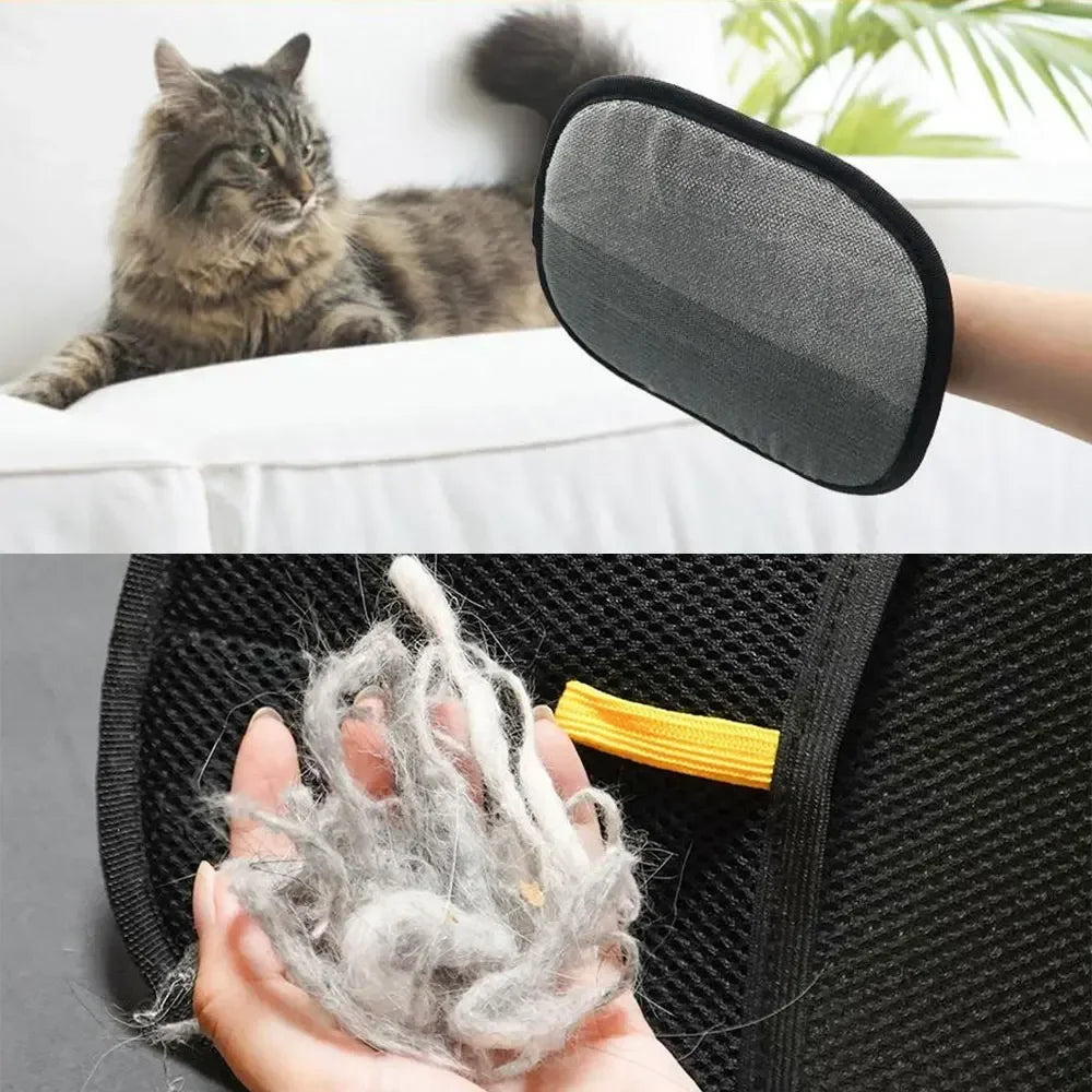 Cat grooming tool with collected fur, showing effectiveness on a white background.