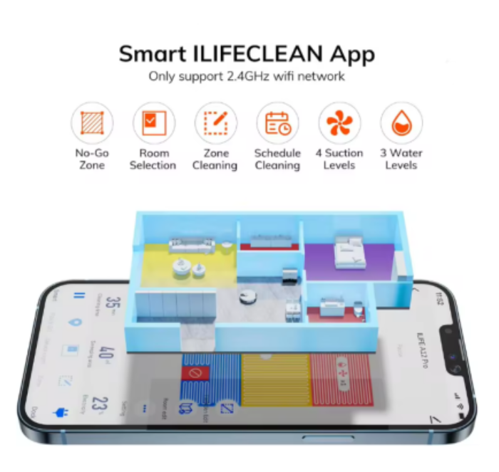 Smart ILIFECLEAN App interface with smartphone displaying cleaning app on a white background