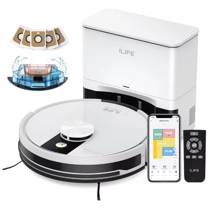 Robotic vacuum cleaner with smartphone app and remote control on a white background