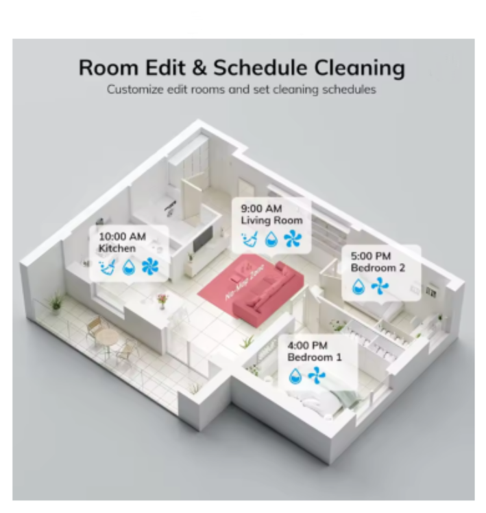 3D floor plan of a house with cleaning schedule indicators for different rooms.
