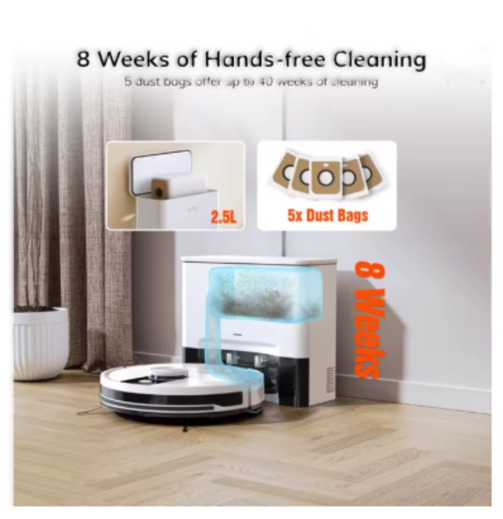 Robotic vacuum cleaner with text about cleaning duration and dust bags on a wooden floor.
