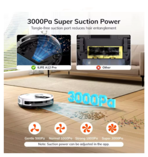 Robotic vacuum cleaner with 3000Pa suction power on a wooden floor.