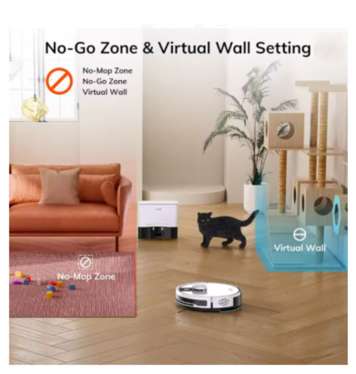Robot vacuum cleaner with 'No-Go Zone' and 'Virtual Wall' settings in a living room.
