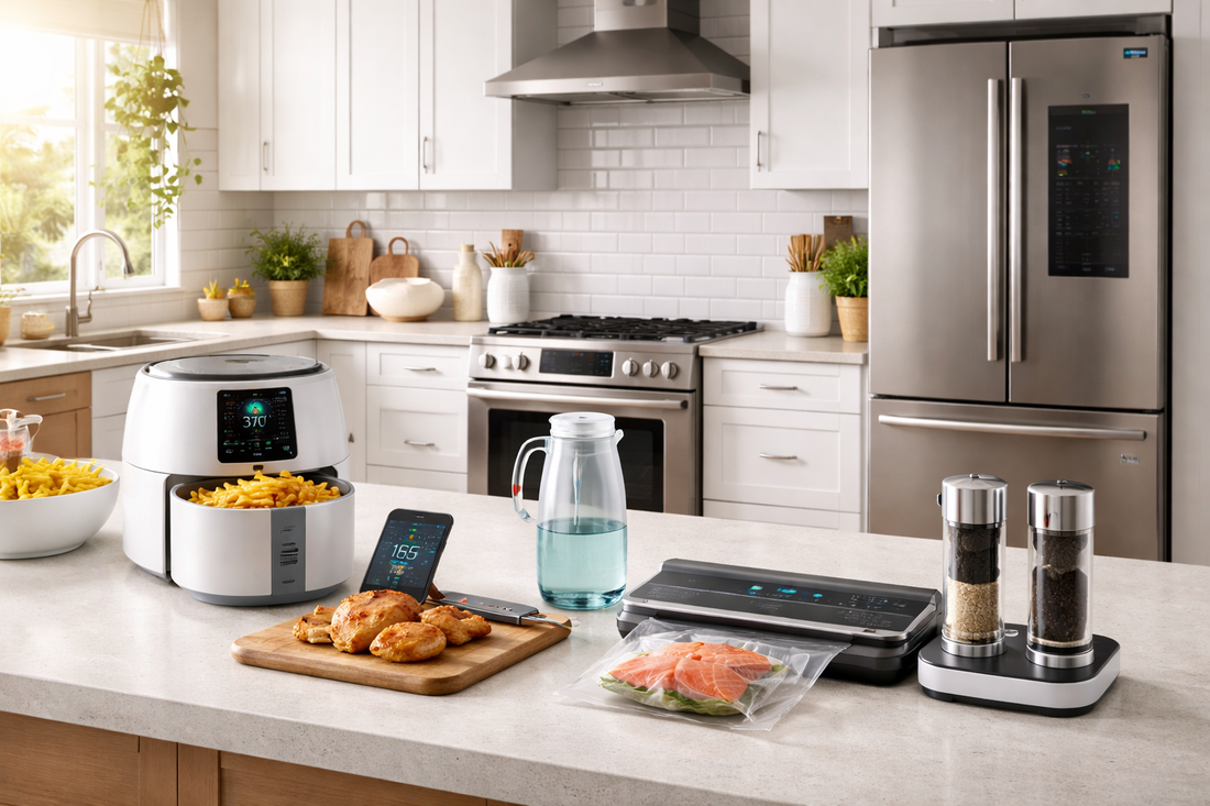 Modern kitchen with smart home gadgets designed to save time and improve efficiency. 