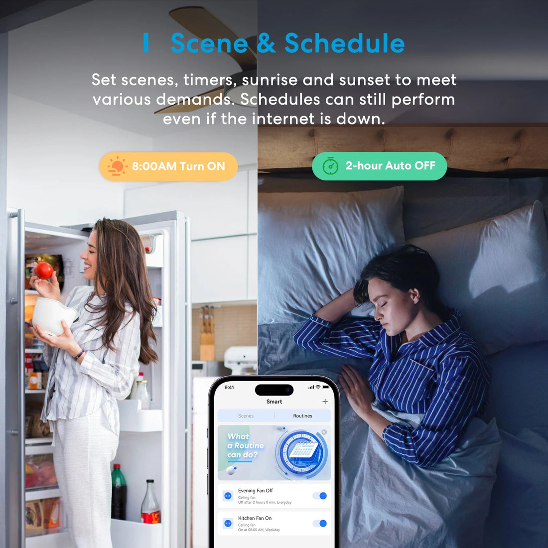 Smart home control system with scenes, timers, and schedules displayed on a smartphone app.