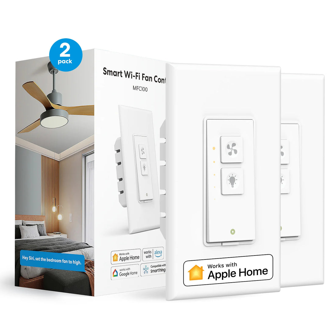 Smart Wi-Fi fan control packaging with Apple Home compatibility on a white background