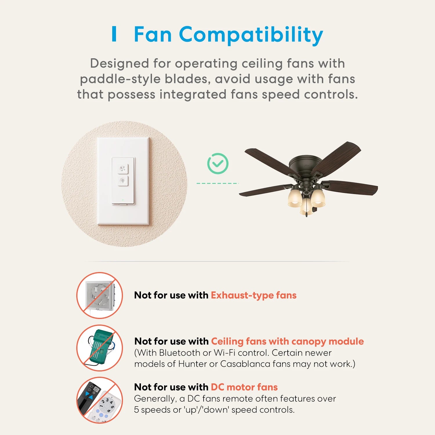 Compatibility information for a ceiling fan control device with text and icons on a white background.