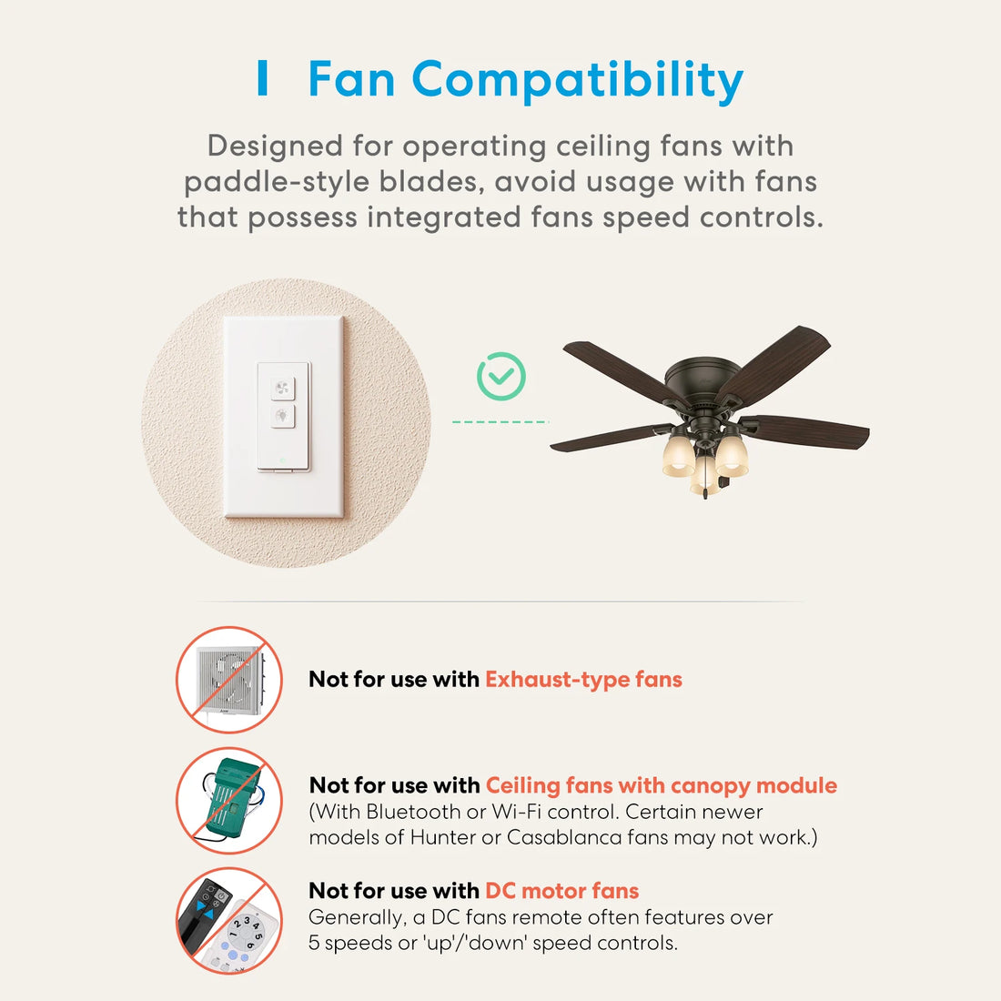 Compatibility information for a ceiling fan control device with text and icons on a white background.