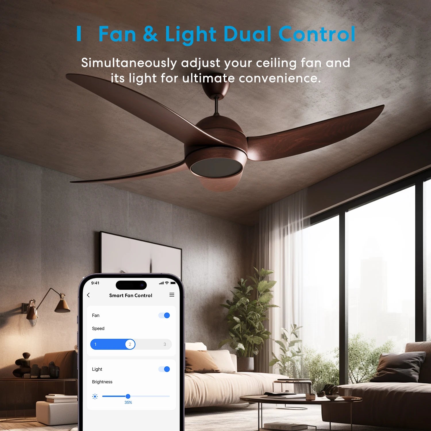 Ceiling fan with light control in a living room setting, featuring a smartphone app interface.