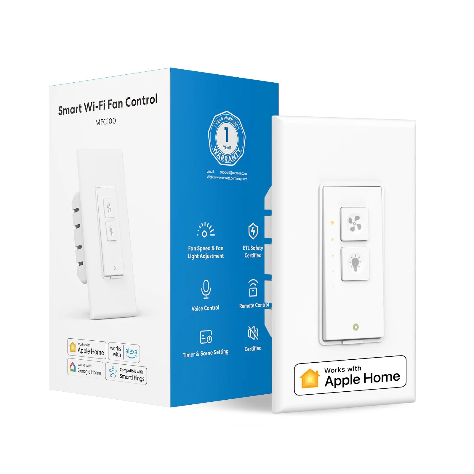 Smart Wi-Fi fan control device packaging with Apple Home compatibility label on a white background