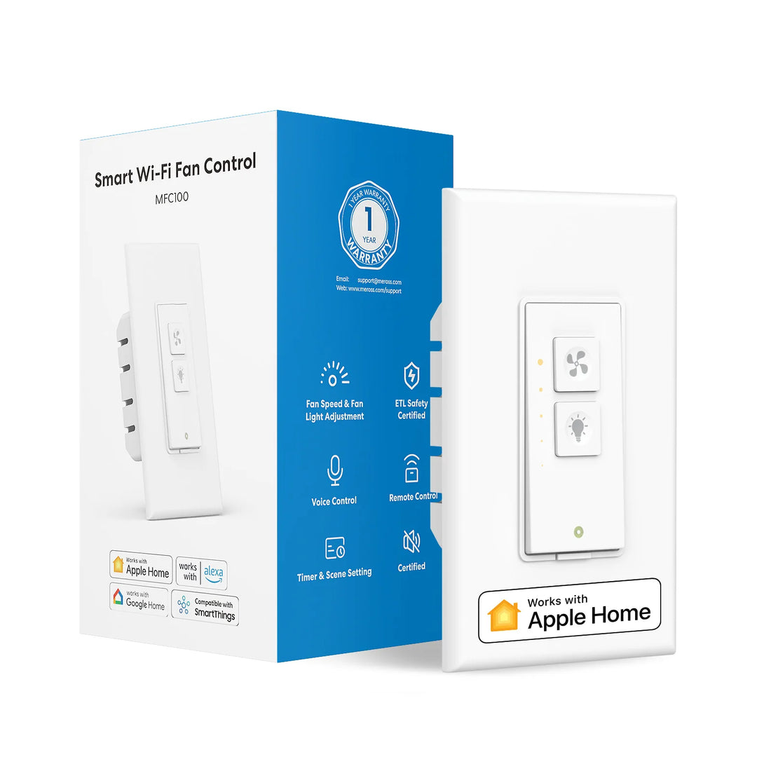 Smart Wi-Fi fan control device packaging with Apple Home compatibility label on a white background