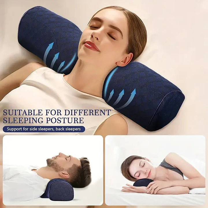 Woman using a blue neck pillow with text indicating suitability for different sleeping postures.