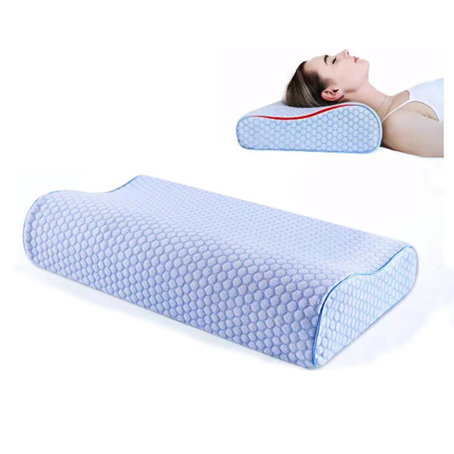White pillow with blue accents on a white background, with a person lying on it.
