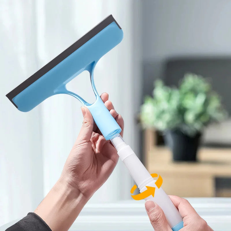 Cleaning tool with squeegee and scrubber held by a person in a home setting.