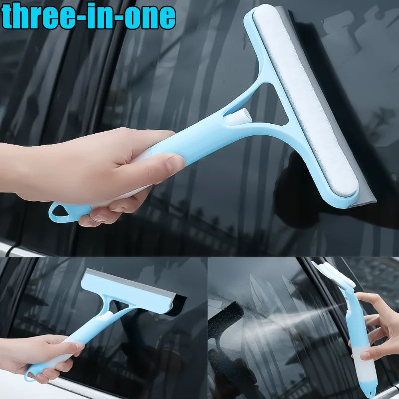 Three-in-one window cleaning tool being used on a car window with 'three-in-one' text above.