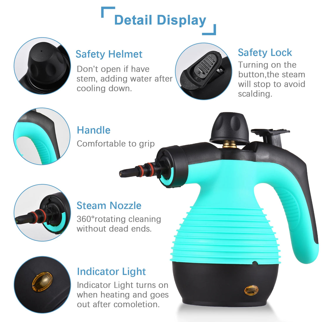 Turquoise and black steam cleaner with feature highlights on a white background