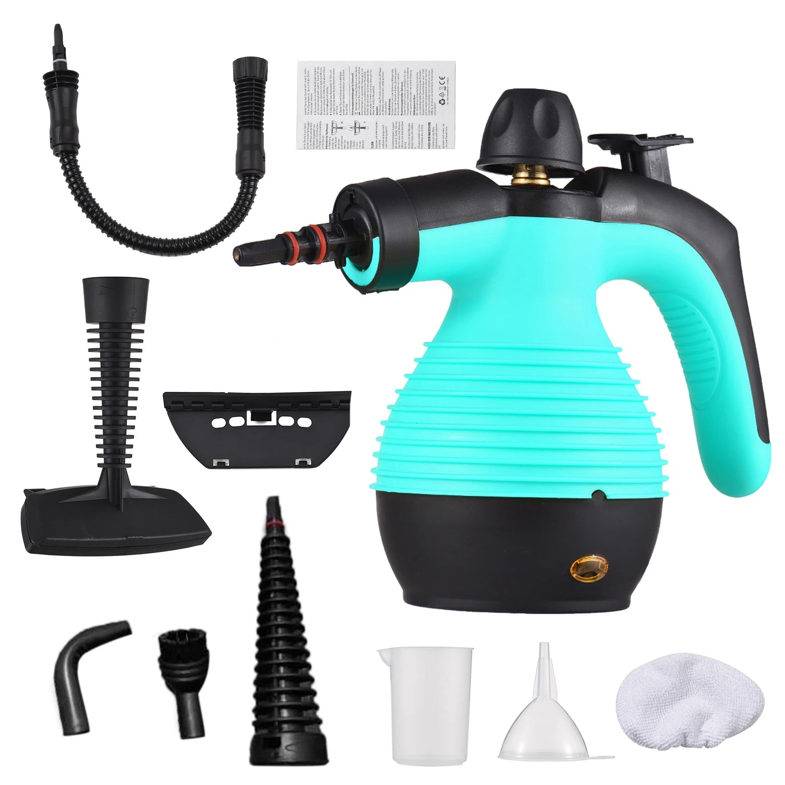 Turquoise pressure washer with various attachments on a white background