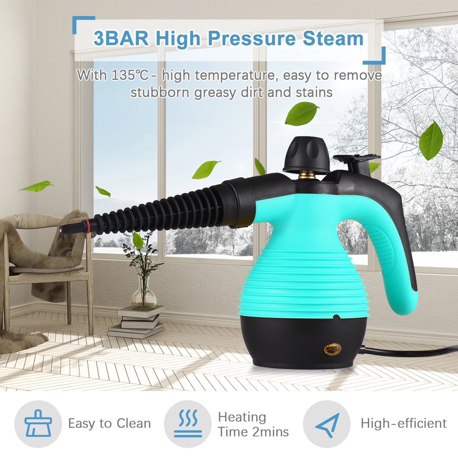 Turquoise and black high-pressure steam cleaner with features highlighted in a room setting.