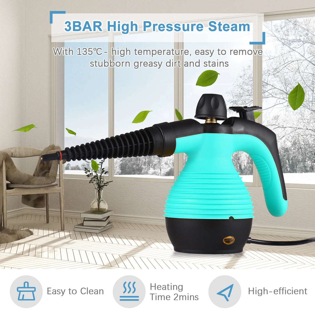 Turquoise and black high-pressure steam cleaner with features highlighted in a room setting.