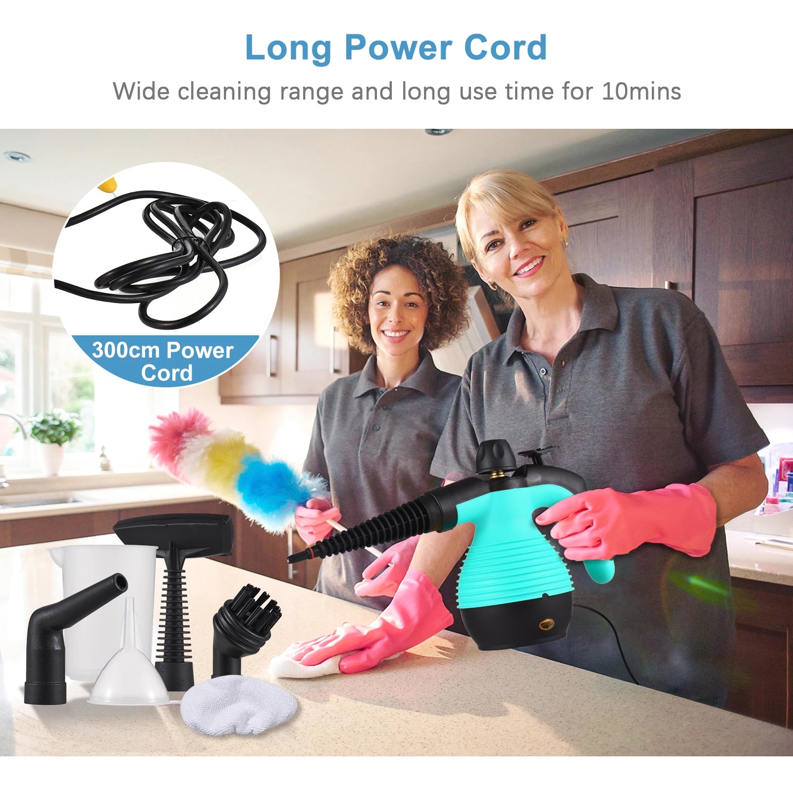 Two women cleaning a kitchen with cleaning tools and a long power cord displayed.