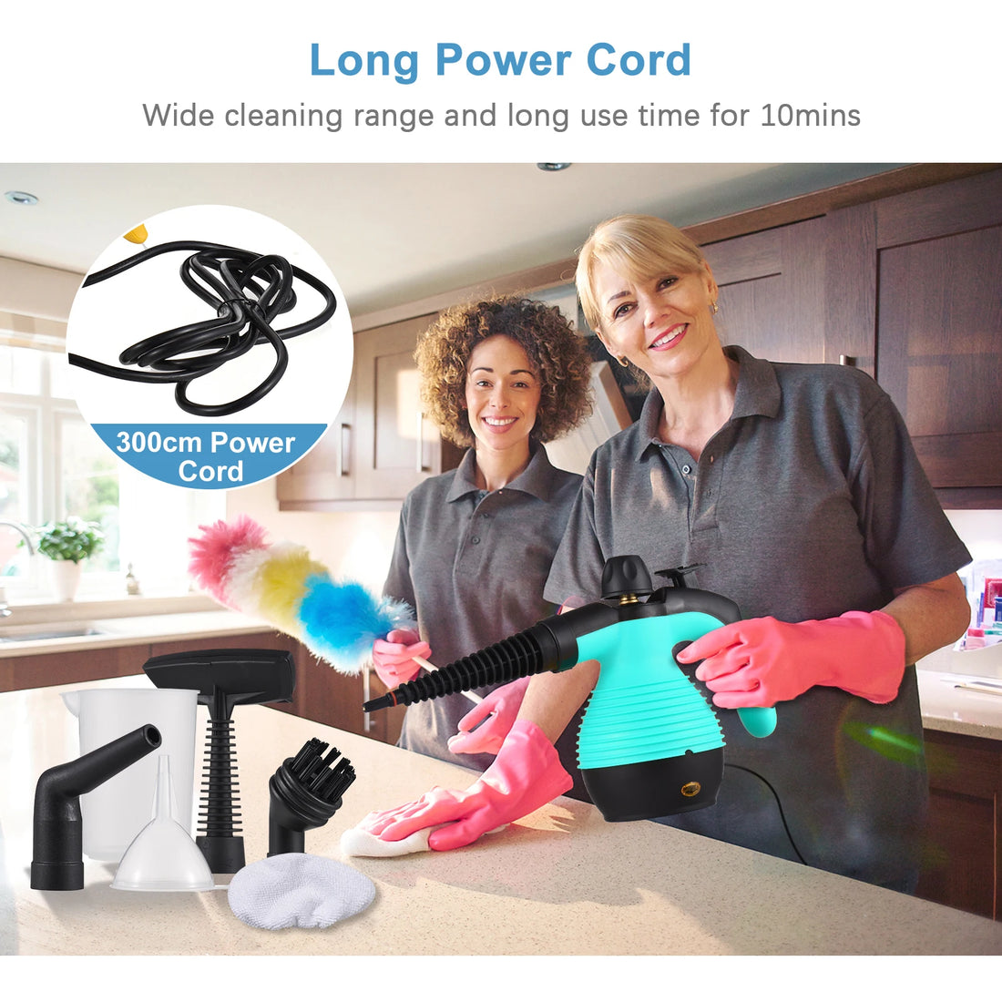 Two women cleaning a kitchen with cleaning tools and a long power cord displayed.