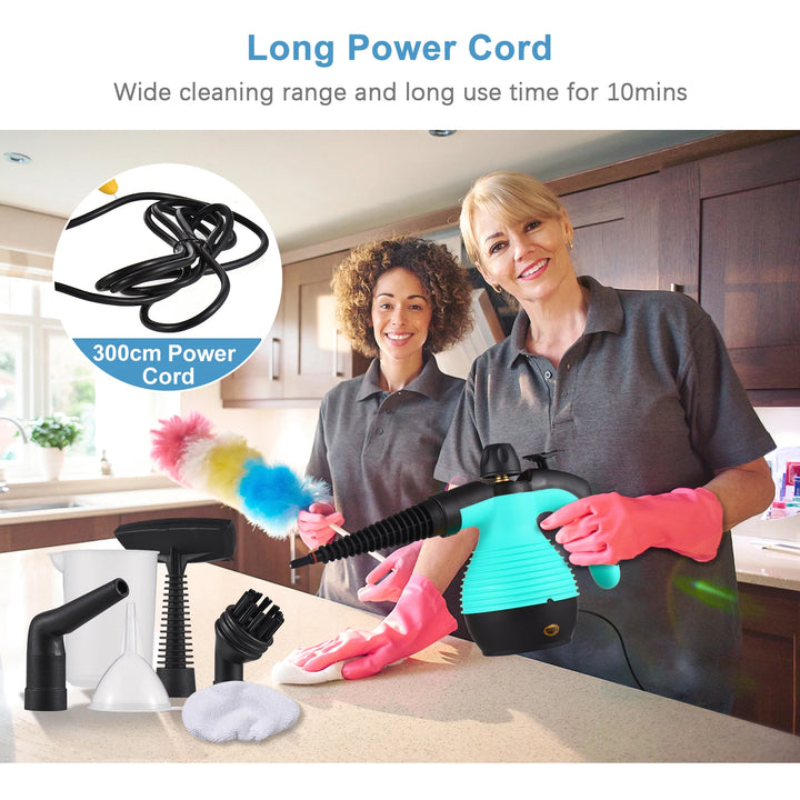 Two women cleaning a kitchen with cleaning tools and a long power cord displayed.