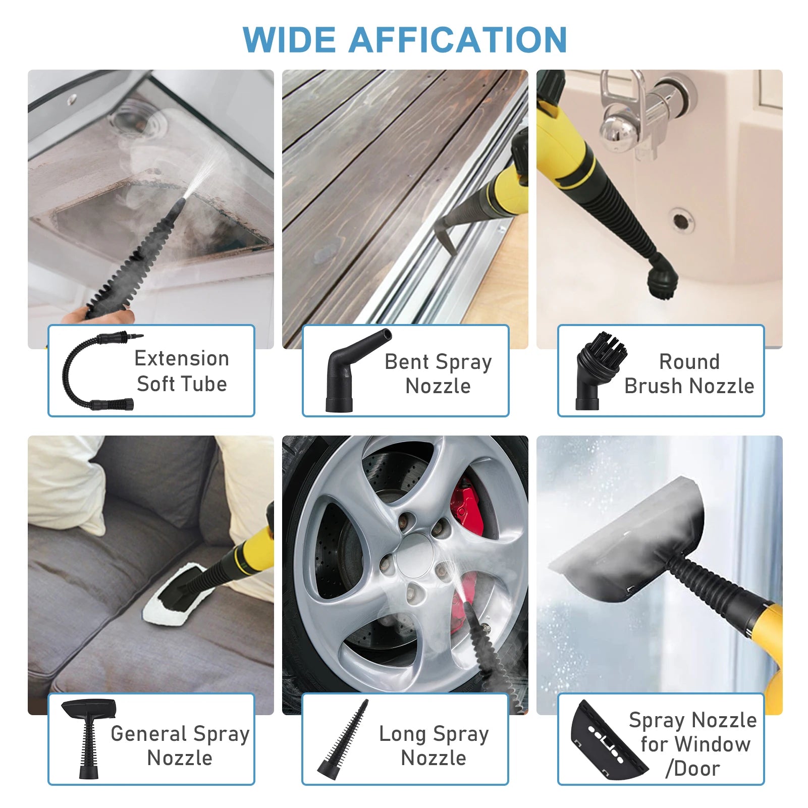 Various nozzles and attachments for a cleaning tool with labeled features.
