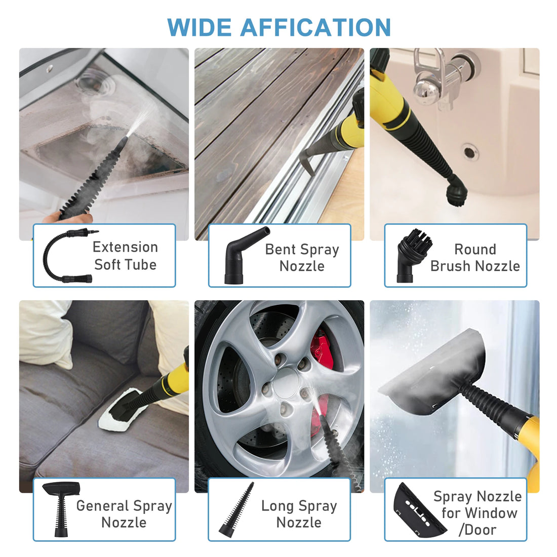 Various nozzles and attachments for a cleaning tool with labeled features.