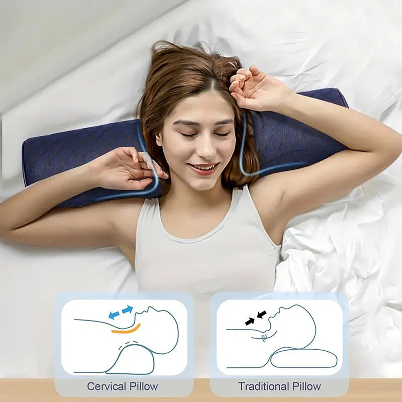 Woman lying on a cervical pillow with diagrams showing its benefits.