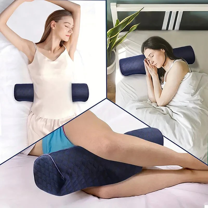 Woman using a blue neck and shoulder pillow in various poses.