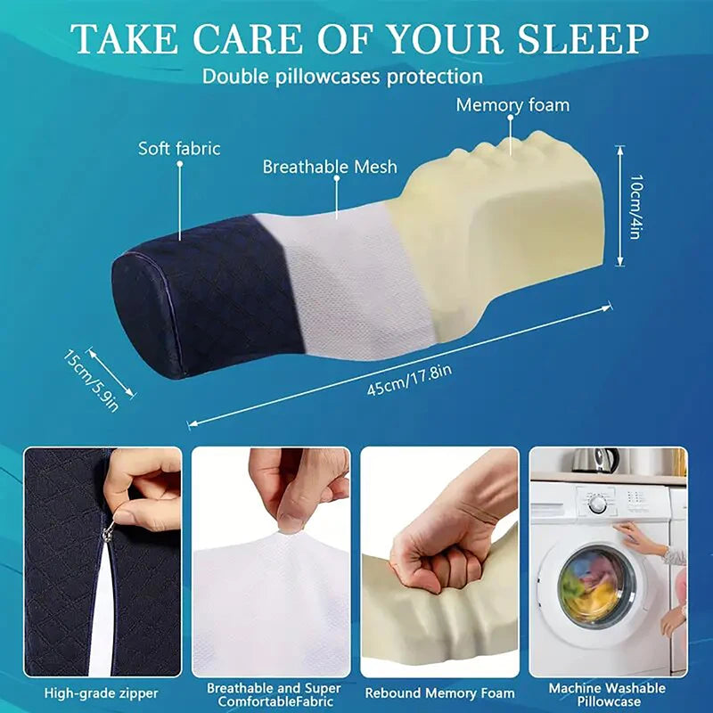 Double pillowcases with features highlighted on a blue background