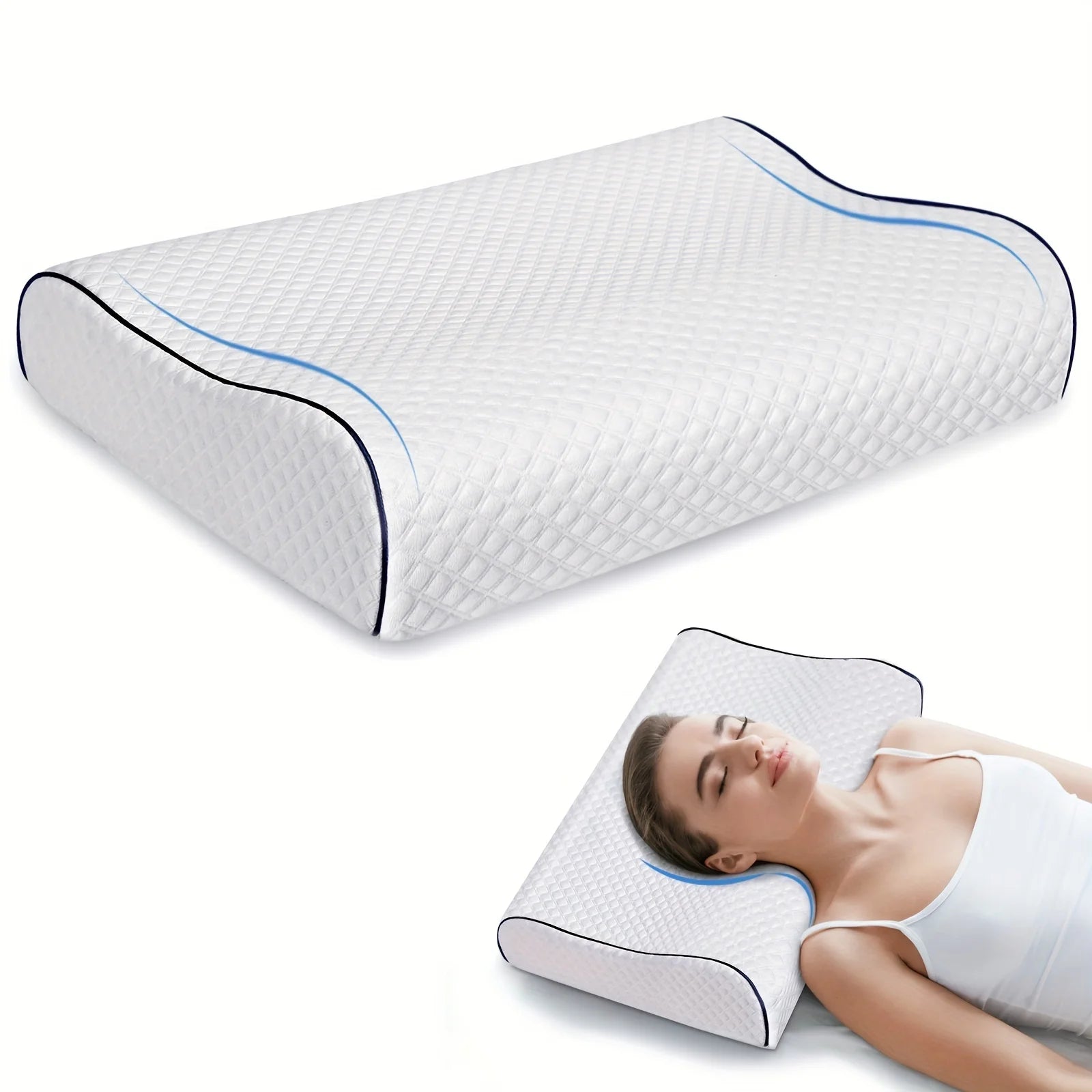 White pillow with blue accents on a white background, with a person lying on it.
