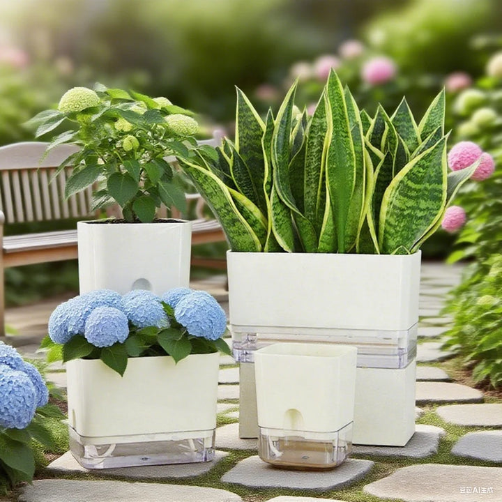 Decorative garden with potted plants and flowers on a stone path