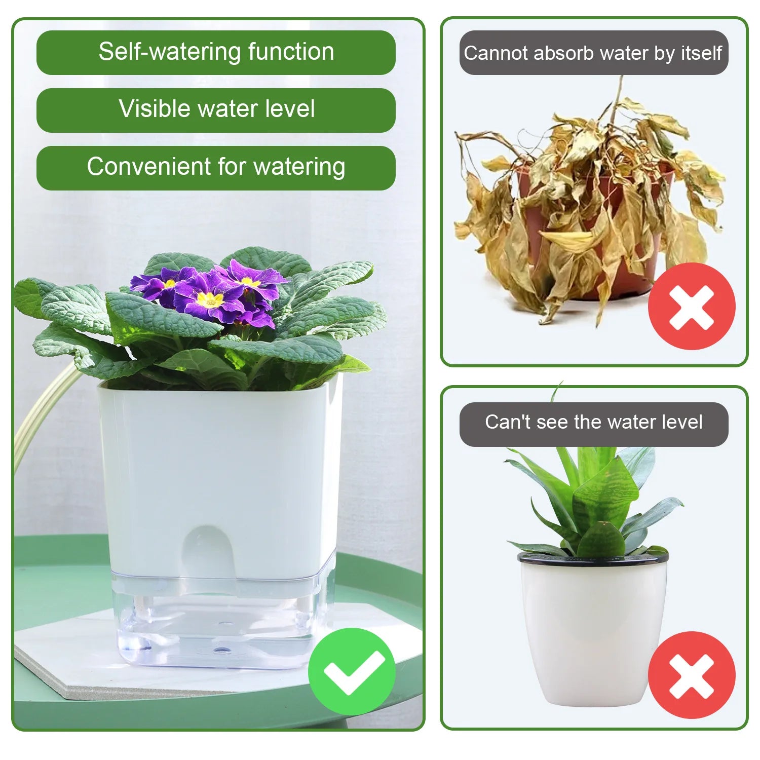 Comparison of self-watering plant pot with and without water level visibility, showing benefits and drawbacks.