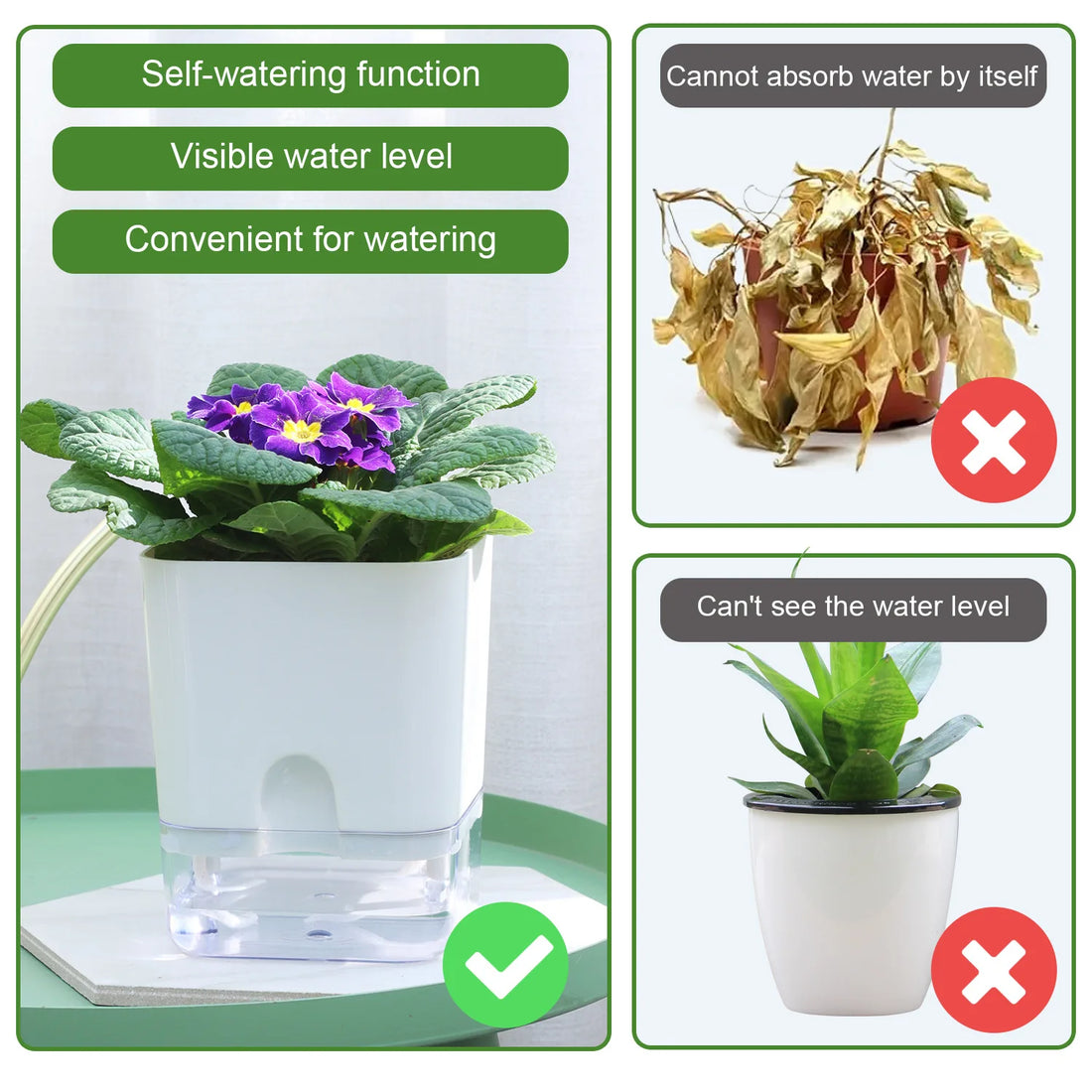 Comparison of self-watering plant pot with and without water level visibility, showing benefits and drawbacks.